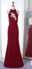 Mermaid Halter Floor-Length Dark Red Prom Dress with Pearls Appliques, TYP1395