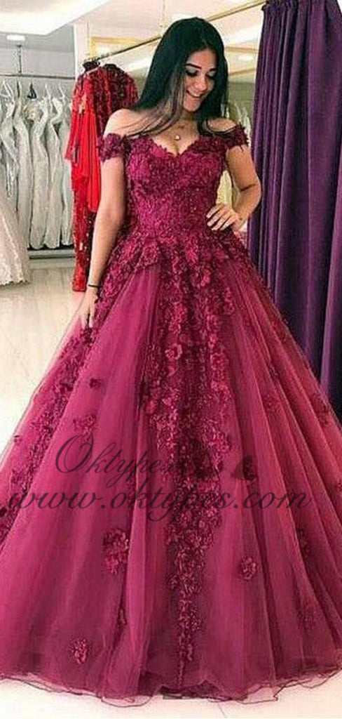 Burgundy Off The Shoulder Ball Gown Long Tulle Prom Dresses, TYP1458