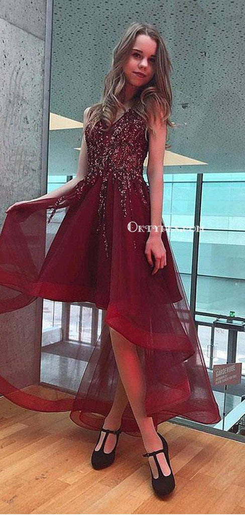 Burgundy High Low V-Neck Beaded with Rhinestones Short Front Long Back Girl Party Graduation Prom Dresses, PDS0071