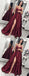 Burgundy Spaghetti Strap V-neck Long Side Slit Satin Prom Dresses, TYP1583