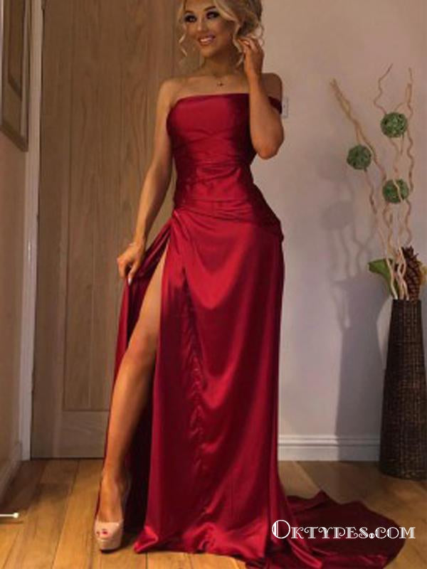 A-Line Burgundy  Sleeveless Long Strapless Party Prom Dresses with Split, TYP1800
