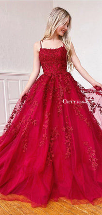 Popular Red Tulle Lace Appliques Spaghetti Strap Long Cheap Formal Party Gowns  Prom Dresses, PDS0066