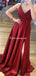 Charming A-line Simple Burgundy Satin V-neck Side Slit Long Cheap Evening Party Prom Dresses, PDS0032