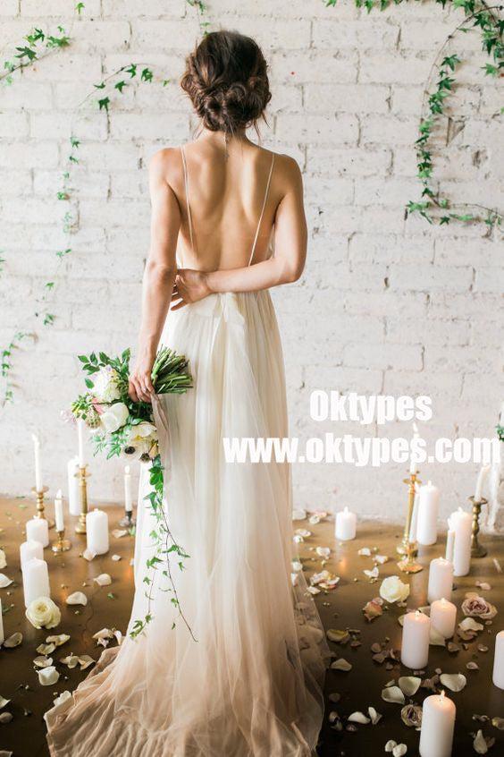A-Line Deep V-Neck Sweep Train Backless Ivory Chiffon Wedding Dress with Pleats, TYP0856