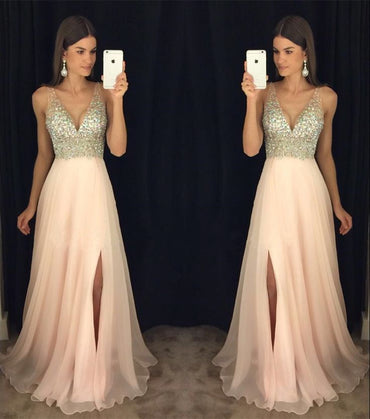 Newest Prom Dress, V-neck Prom Dresses, Split Side Prom Dresses, Crystal Beading Prom Dresses, Cheap Prom Dress, TYP0055