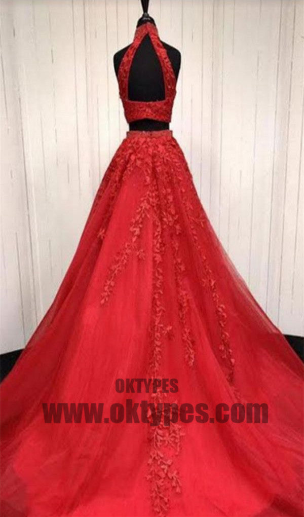 Red Two Piece Appliques Prom Dresses, Long Halter Lace Mermaid Prom Dresses, TYP0444