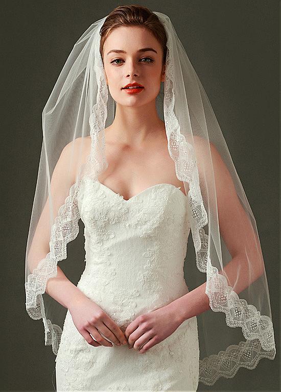 Gorgeous Tulle Short Wedding Veil With Lace Appliques ,WV0126