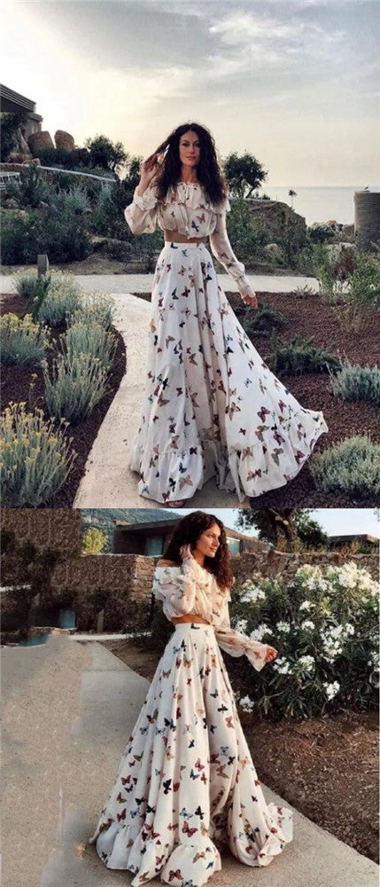 Sexy Two Pieces Off Shoulder Butterflies Floral Printed Maxi Dress Prom Dresses, PDS0306