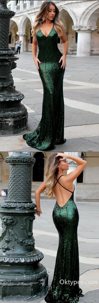Sexy Dark Green Mermaid Halter Criss Cross Backless Sequence Long Prom Dresses,PDS0314