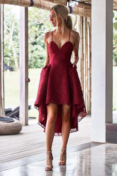 Unique Spaghetti Straps High Low Red Lace Bridesmaid Dresses with Pockets, TYP0974