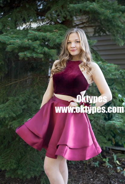 Two Piece Halter Neck Cut-out Burgundy Homecoming Party Dresses, TYP0924
