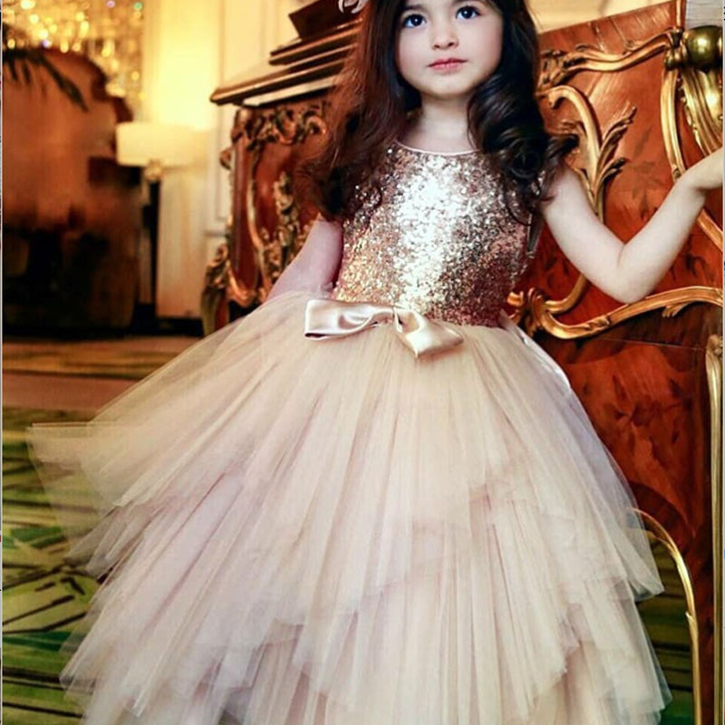 A-Line Round Neck Gold Tulle Flower Girl Dresses with Sequins&Bow Knot, TYP1330
