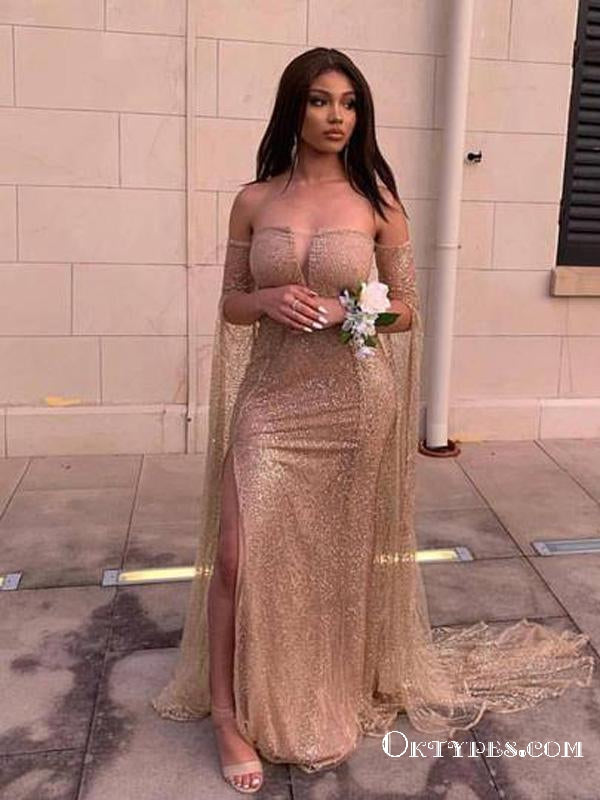 Sexy Glitter Champagne Sequins Long Cheap Prom Dresses with Slit, TYP1845