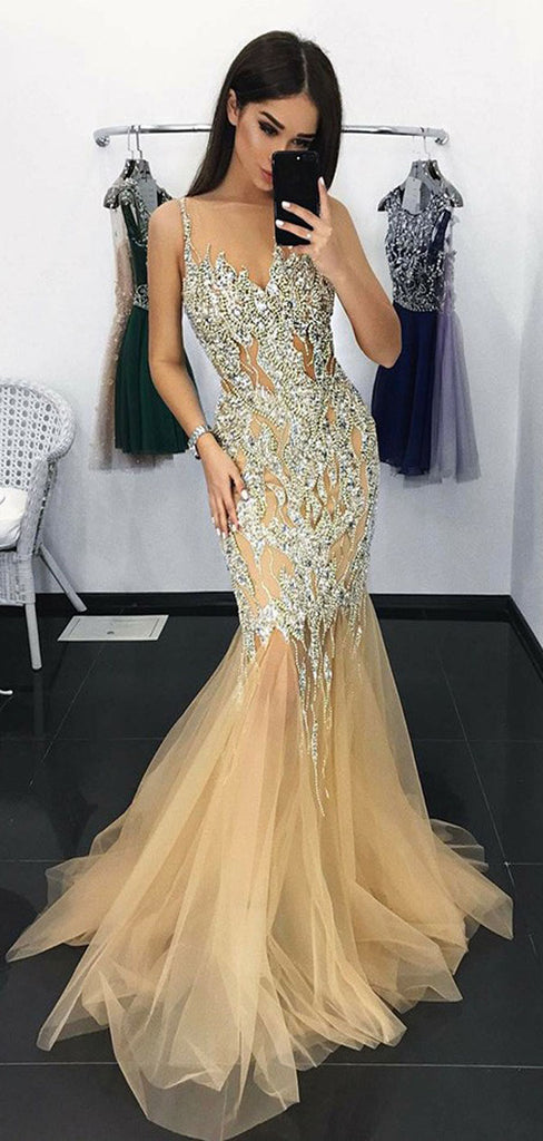Mermaid Illusion Neck Champagne Tulle Prom Dresses with Appliques Sequins, TYP1385