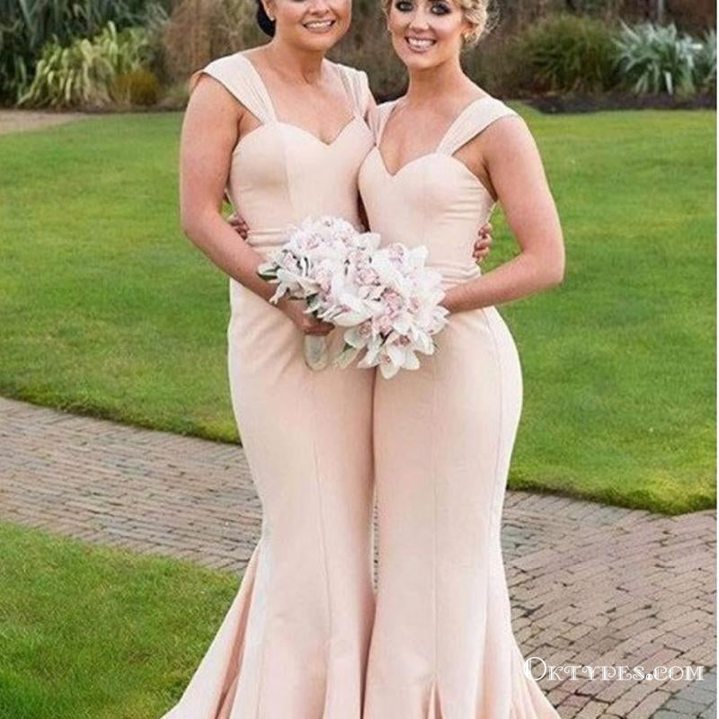 Mermaid Square Long Cheap Champagne Stretch Satin Bridesmaid Dresses, Oktypes Mermaid Square Long Cheap Champagne Stretch Satin Bridesmaid Dresses, Oktypes
