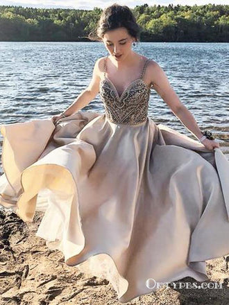 Spaghetti Strap Princess Champagne Long Prom Dresses with Beaded, TYP1718