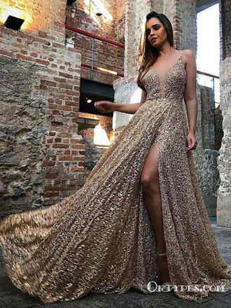 A-Line Spaghetti Straps Sleeveless Champagne Lace Long Prom Dresses, TYP1664