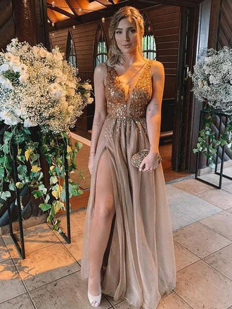 Sparkly V-neck Champagne Long Tulle Slit Prom Dresses with Beaded, TYP1605