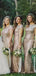 Sparkly Champagne Sequin Short Sleeves Backelss Mermaid Long Cheap Bridesmaid Dresses, BDS0057