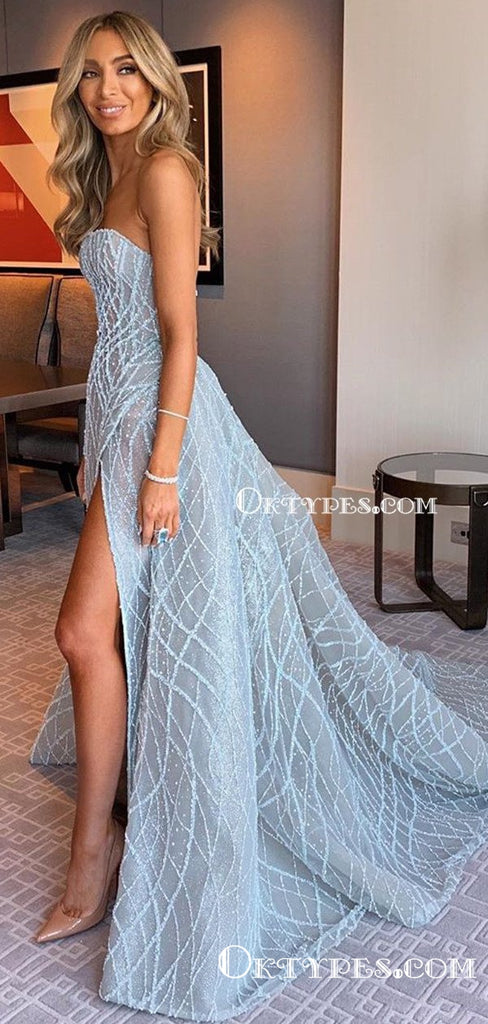 Newest Sparkly Strapless Sleeveless High Side Slit A-line Long Cheap Evening Prom Dresses, PDS0008