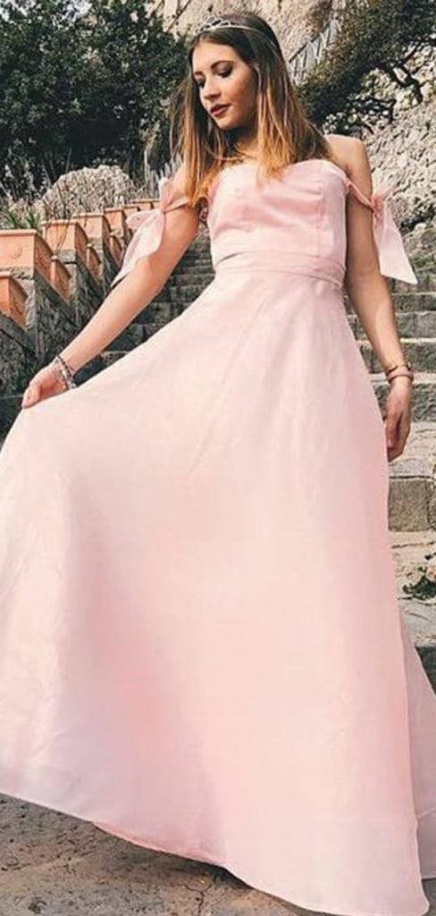 A-Line Off-the-Shoulder Pink Satin Long Cheap Prom Dresses, TYP1881
