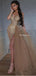 Champagne Mermaid Spaghetti Split Beaded Appliques Tulle Floor Length Formal Party Prom Dresses, PDS0064
