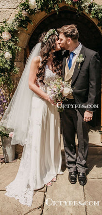 Elegant Charming Spaghetti Strap V-neck Sleeveless A-line Long Cheap Lace Wedding Dresses, WDS0006