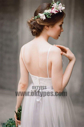Spaghetti Lace Top Light Grey A-line Simple Design Wedding Dresses, Beach Wedding Dresses, TYP0601
