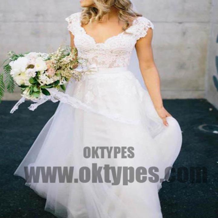 V Neck Lace Cap Sleeves Cheap Custom Long Wedding Bridal Dresses, TYP0496
