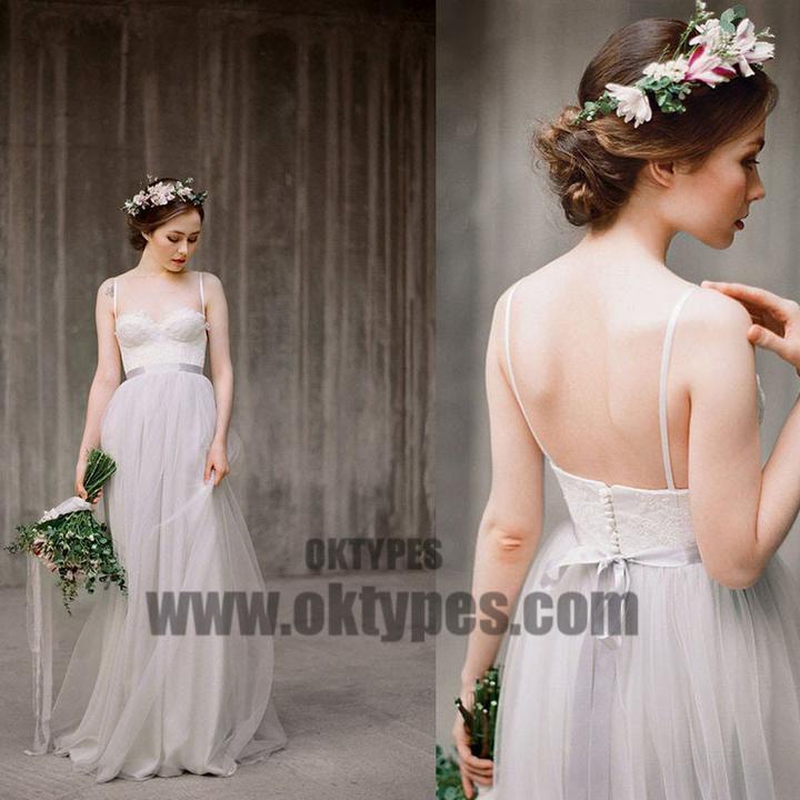 Spaghetti Lace Top Light Grey A-line Simple Design Wedding Dresses, Beach Wedding Dresses, TYP0601