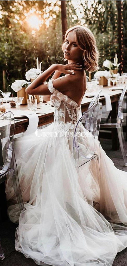 Off-The-Shoulder Lace Appliqued Tulle Long Cheap Wedding Dresses, WDS0068