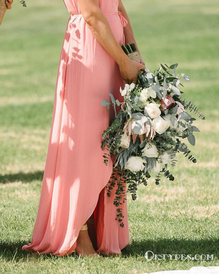 Coral Chiffon Long Cheap Bridesmaid Dresses With Side Slit, TYP1754 – Oktypes