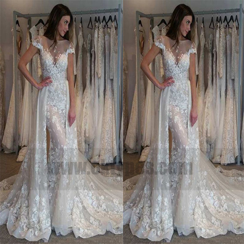 Dramatic Mermaid Wedding Dresses, Bateau Short Sleeves Detachable Train Wedding Dresses, TYP0734