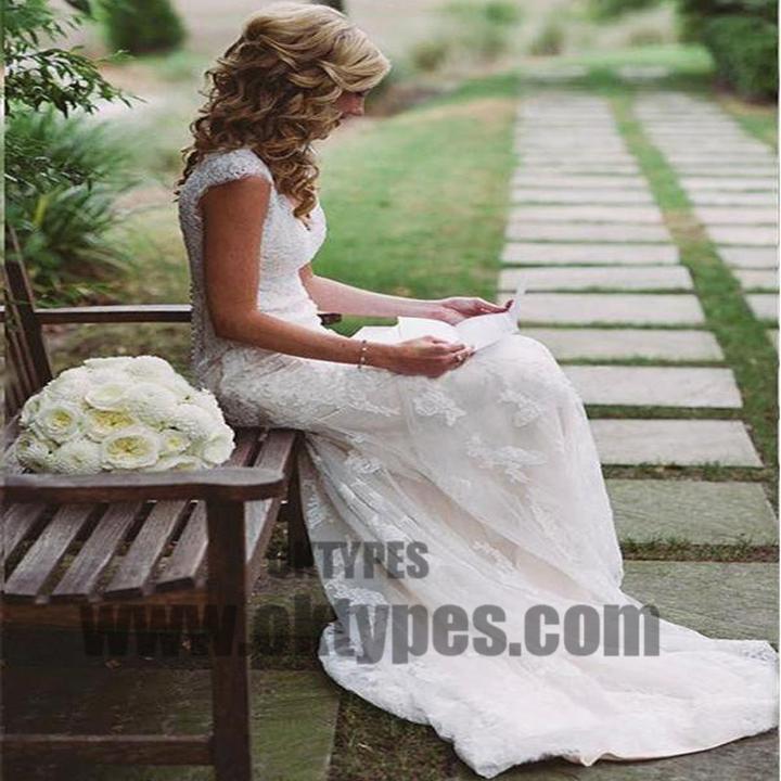 Open Back Cap Sleeves Lace Mermaid Long Wedding Bridal Dresses, Wedding Dresses, TYP0517