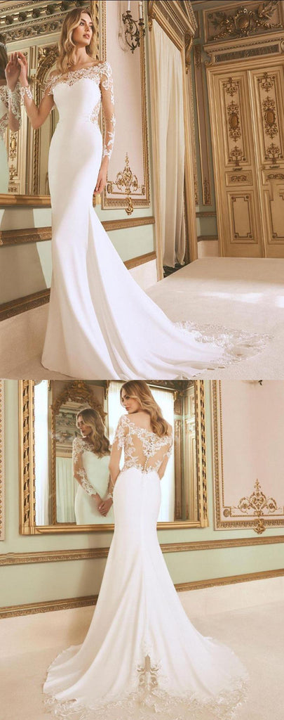 Elegant Soft Satin And Lace Long Sleeve Mermaid Long Dress With Applique, WDS0117