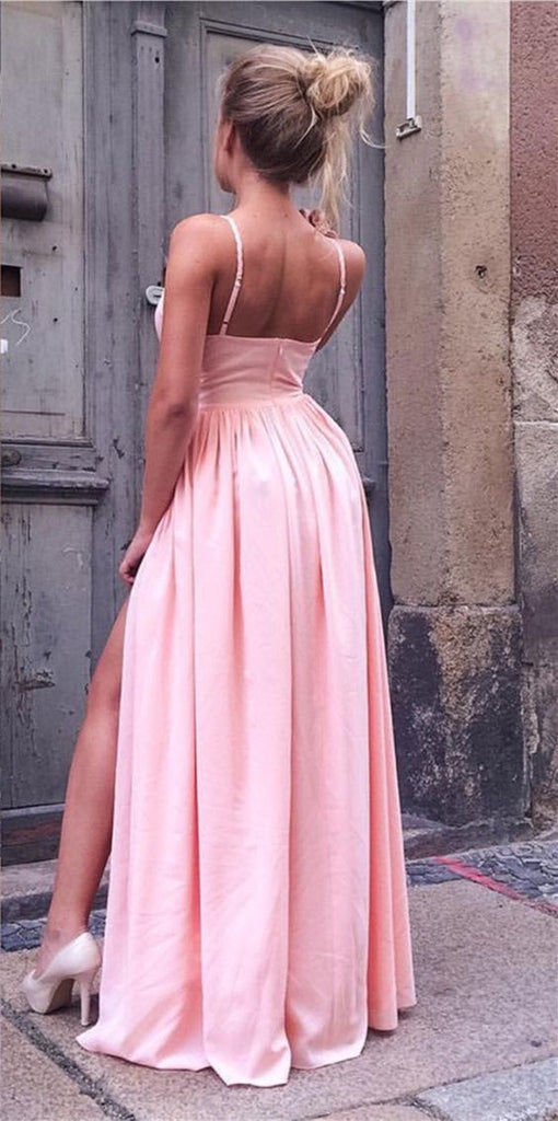 A-Line Spaghetti Straps Long Cheap Pink Prom Dresses with Side Split, TYP1124