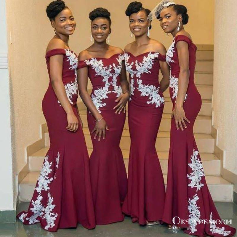 Dark Red Off Shoulder Long Cheap Bridesmaid Dresses With White Lace Ap Oktypes Dark Red Off Shoulder Long Cheap Bridesmaid Dresses With White Lace Ap Oktypes