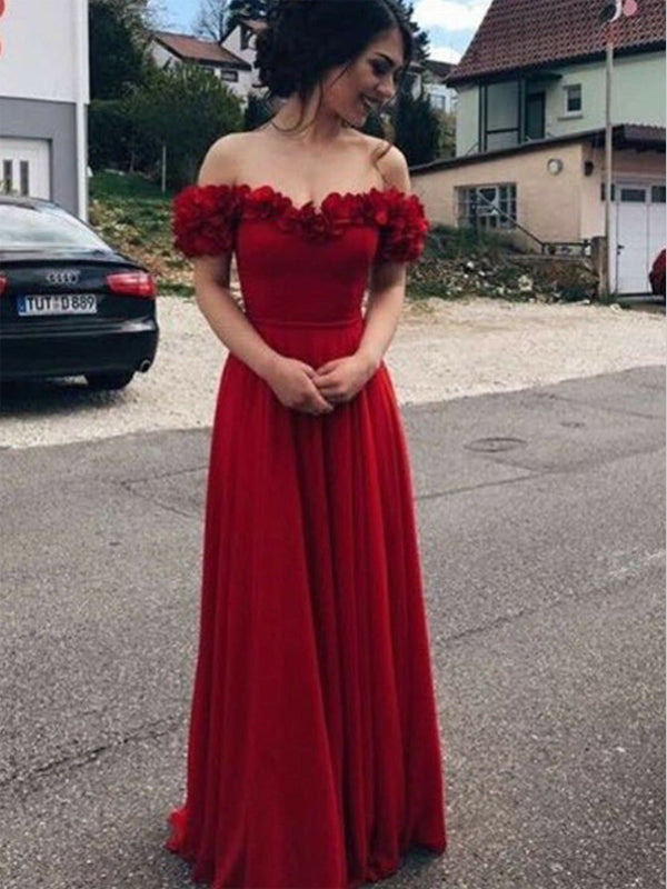 A-Line Off-the-Shoulder Dark Red Chiffon Prom Dresses with Flower, TYP Oktypes A-Line Off-the-Shoulder Dark Red Chiffon Prom Dresses with Flower, TYP Oktypes