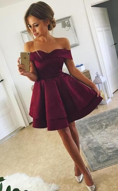 Elegant A-Line Off-Shoulder Short Cheap Satin Homecoming Dresses, TYP1082