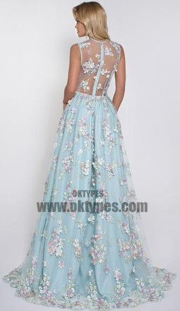 V-neck Sleeveless Blue tulle Appliques Prom Dresses, Affordable Long A-line Prom Dress, TYP0651