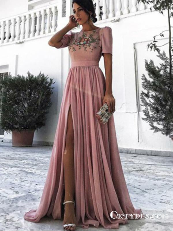 A-Line Bateau Short Sleeves Dusty Pink Long Prom Dresses with Beading& Oktypes A-Line Bateau Short Sleeves Dusty Pink Long Prom Dresses with Beading& Oktypes