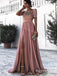 A-Line Bateau Short Sleeves Dusty Pink Long Prom Dresses with Beading&Rhinestones, TYP1628