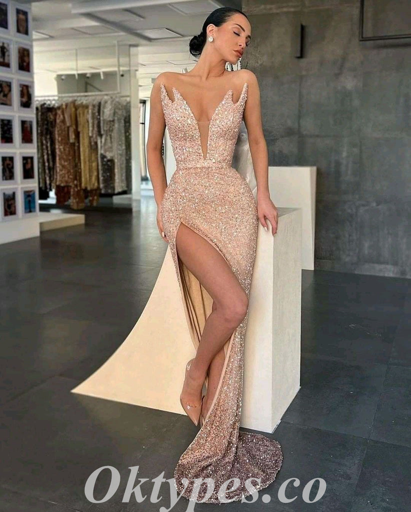 Sexy Sequin Sweetheart V-Neck Sleeveless Side Slit Mermaid Long Prom Dresses,PDS0703
