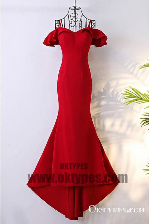Red Long Mermaid Prom Dresses, Off-shoulder Prom Dresses, Lace Up Prom Dresses, Satin Prom Dresses, TYP0356