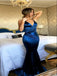 Sexy Dark Blue Satin Spaghetti Straps V-Neck Open Back Mermaid Prom Dress, PDS0301