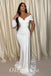 Sexy White Satin V-Neck Long Sleeve Mermaid Long Prom Dresses With Trailing,PDS0743