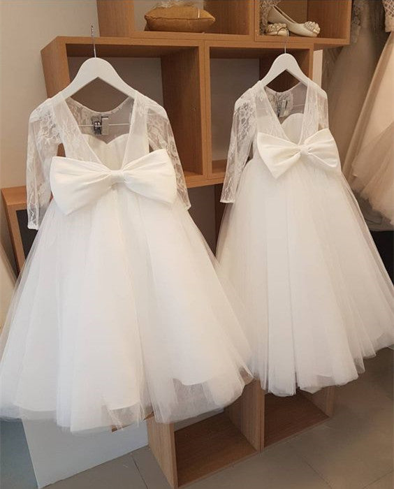 Long Sleeve Lace Top Flower Girl Dresses with Bow-Knot, Tulle Popular Little Girl Dresses, TYP0987