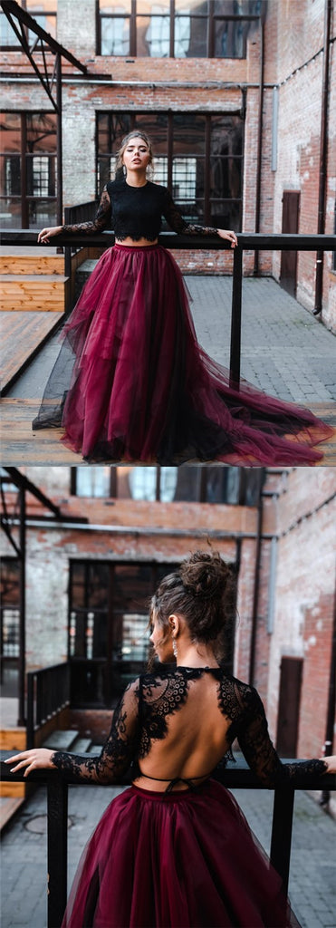 Two Pieces Black Lace Top And Tulle Burgundy Bottom Long Sleeves Open Back Prom Dresses, PDS0307