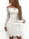 Sheath Off-the-Shoulder Long Sleeves Short Ivory Lace Homecoming Dresses, TYP0884