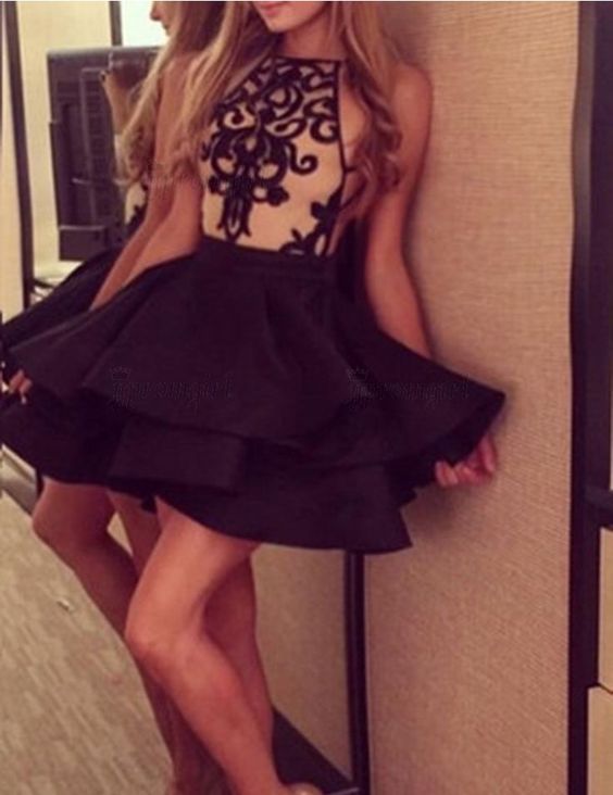 Black Halter Sleeveless Short Cheap Homecoming Dresses With Applique, TYP1146
